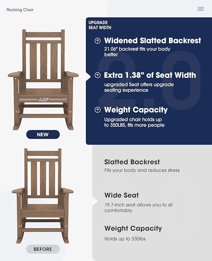 KINGYES Oversized Outdoor Rocking Chair, All-Weather Patio Rocking Chairs for Porch, HDPE Outdoor Patio Rockers with High Back & Wide Seat for Garden, Lawn, Brown