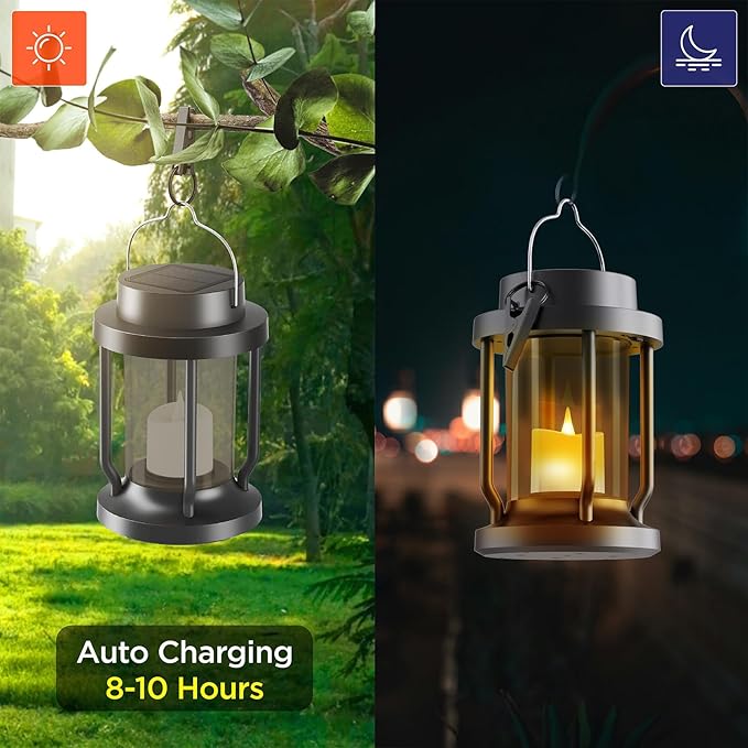 Solar Lantern Outdoor & Indoor Use – Hanging Solar Lights with Realistic Flickering Flameless Candle, Weatherproof for Gardens, Patios, Trees, and Lawns (Black + Gray, 1 Pack)