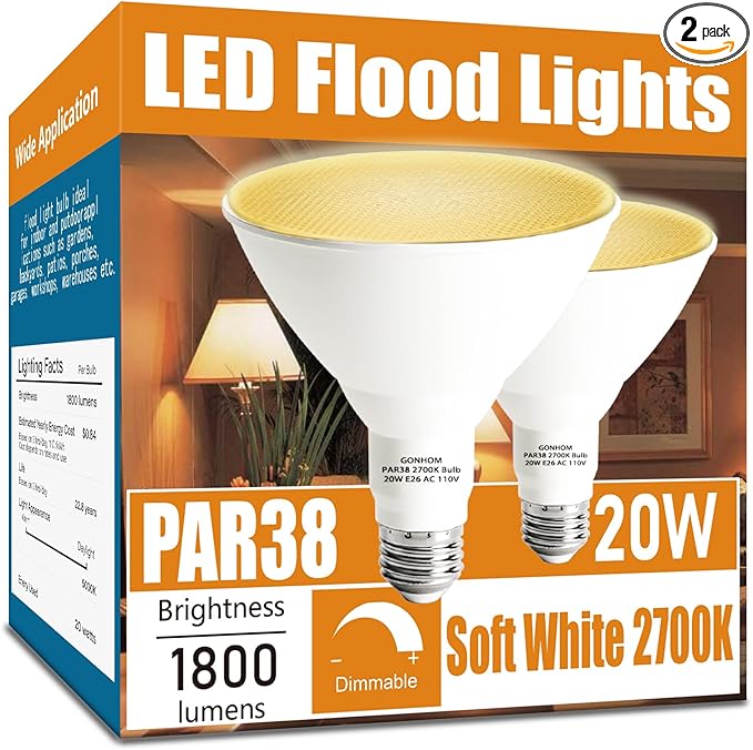 Par38 led Flood Lights Outdoor Light Bulb,Dimmable 1800LM,20W Replace up to 200W,Outdoor Flood Light Bulbs for Backyard,Garage,Porch,Garden,2 Pack 2700K Warm Light