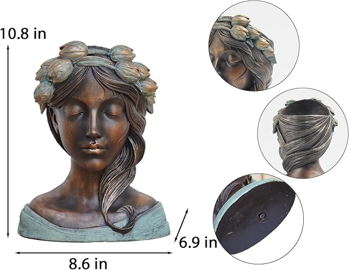 DiliComing Head Planter Face Plant Pots - 10 Inch Flower Pot Succulents Large Outdoor Planters Indoor with Drainage Resin Lady Black Statue for Garden Home Decor Porch Gift for Plant Lovers