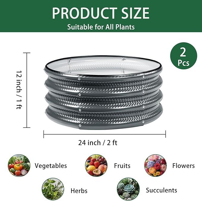 2 Pcs 2x2X1 FT Round Galvanized Raised Garden Bed Kit, Silver Outdoor Planter Garden Bed, Metal Raised Box for Vegetables, Fruits, Flowers & Herbs