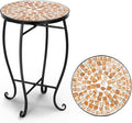 VINGLI Mosaic Outdoor Side Table, 14" Round End Table, Accent Table, Plant Stand Ideal for Pool Side, Porch, Patio, Deck or Sofa Side, Glass Top Black Iron, Golden Backyard