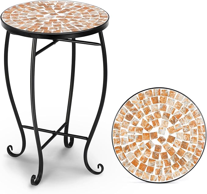 VINGLI Mosaic Outdoor Side Table, 14" Round End Table, Accent Table, Plant Stand Ideal for Pool Side, Porch, Patio, Deck or Sofa Side, Glass Top Black Iron, Golden Backyard