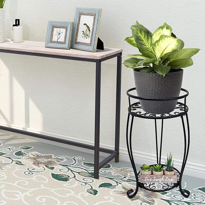 CASIMR 2-Pack Plant Stand, 2 Tier 19.2 inch Tall Metal Potted Holder Rack,Indoor Outdoor Multiple Flower Pot Shelf Rustproof Iron Garden Container for Garden Patio Living Room Corner Balcony, Black