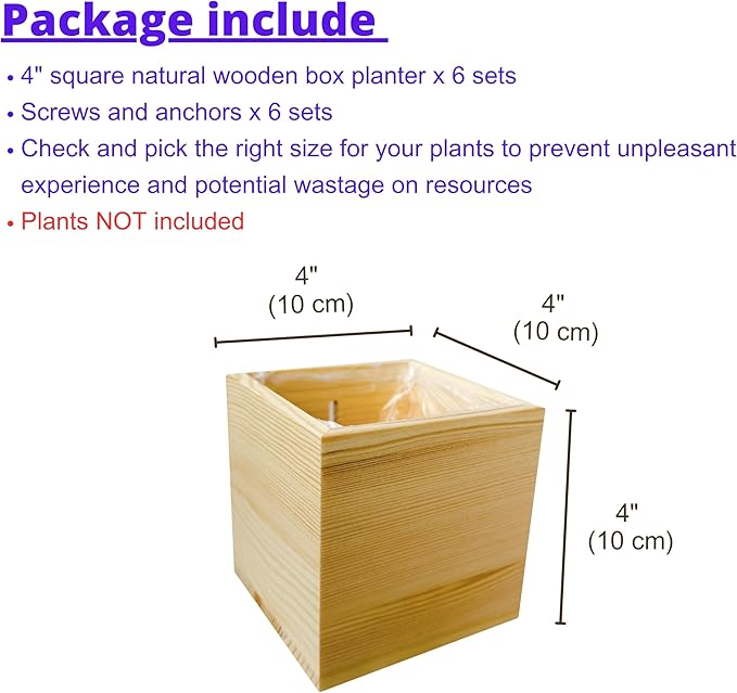 LaLaGreen Wooden Planter Box for Plants (4x4 Inch, 6 Pack) Small Square Wall Planters for Indoor Plant, Natural Wood Hanging Flower Boxes Herb Planter Table Centerpiece Modern Home Garden Office Decor