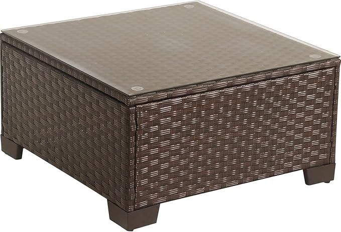 Rattaner Patio Furniture Wicker Coffee Table Outdoor Garden Square Side Table with Tempered Glass Top Brown