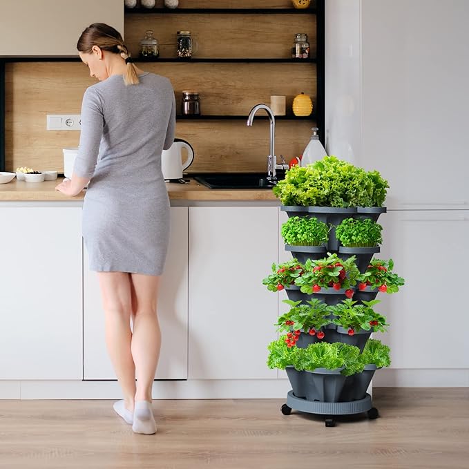 7 Tiered Strawberry Vertical Planter 2 Pack, Stackable Tower Garden Planter Herb Garden Planter with Movable Casters and Bottom Saucer Indoor and Outdoor - Dark Grey