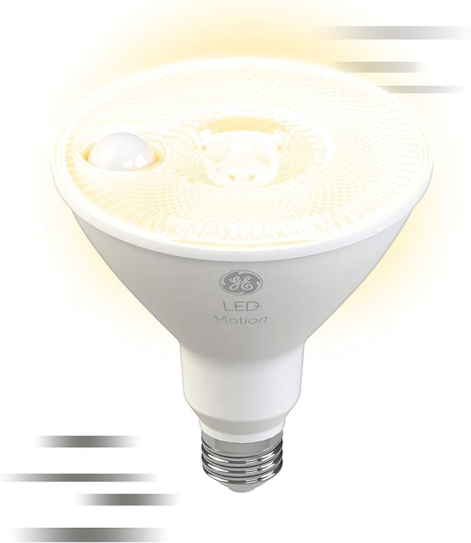 GE LED+ Motion Sensor LED Light Bulbs, 14W, PAR38 Outdoor Security Floodlights, Warm White, CAC (2 Pack)
