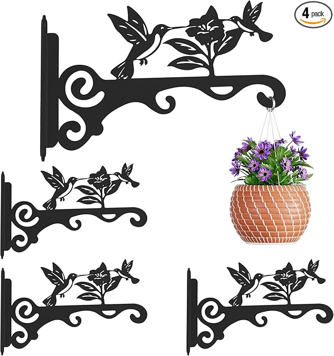 Elegant Bird Pattern Wall Hooks - 10/12/14 Inch Metal Plant Hangers for Indoor & Outdoor - Rust-Resistant Bracket for Plants, Feeders, Chimes, Lanterns (4, Black, 14 inch)