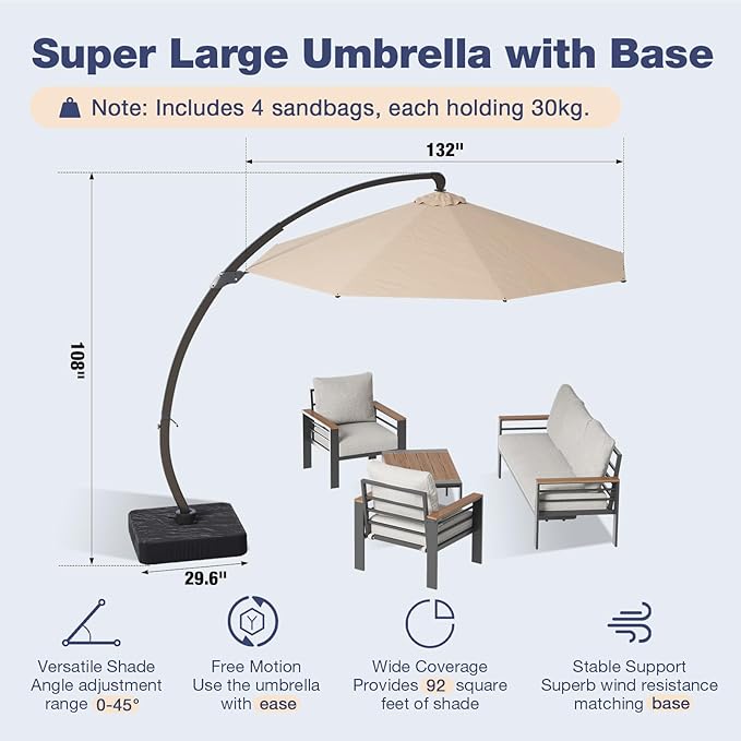 Aoxun Aluminum Patio Furniture Set with Umbrella 5 Seats, Oversized Outdoor Sectional with Washable Thick Cushions, Coffee Table and Waterproof Cover, Patio Conversation Sets for Porch, Balcony, Deck