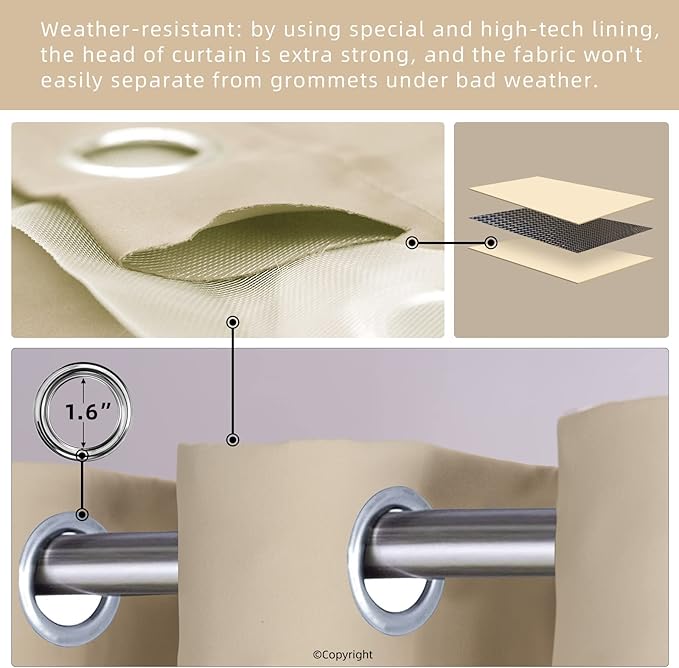 Waterproof Outdoor Curtain W105 x L108 - Grommet Top Sunlight Blocking Window Treatment Drapes Blackout Curtains for Home Bedroom Living Room Outdoor Patio Porch Pergola Cabana Gazebo, 2 Panels