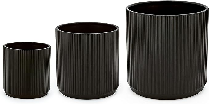Amazon Basics Fluted Ceramic Round Planters with Drainage Hole, Indoor Outdoor Flower Pots, Assorted Sizes 6, 8, 10 inch, Set of 3, Black