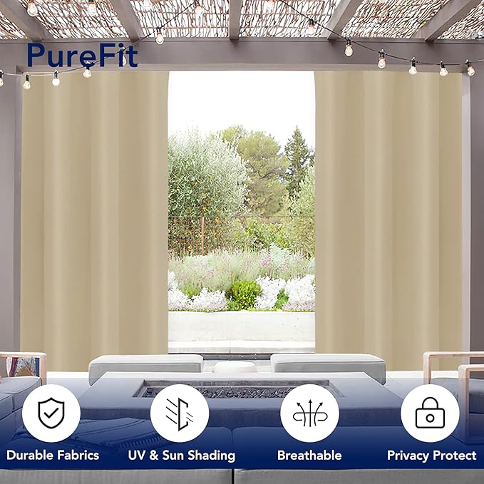 PureFit Outdoor Curtains for Patio Waterproof Weatherproof, UV Resistant Outside Curtains for Gazebo, Front Porch, Pergola, Sun Blocking Privacy Curtain, 52W x 108L inch, 1 Panel, Beige