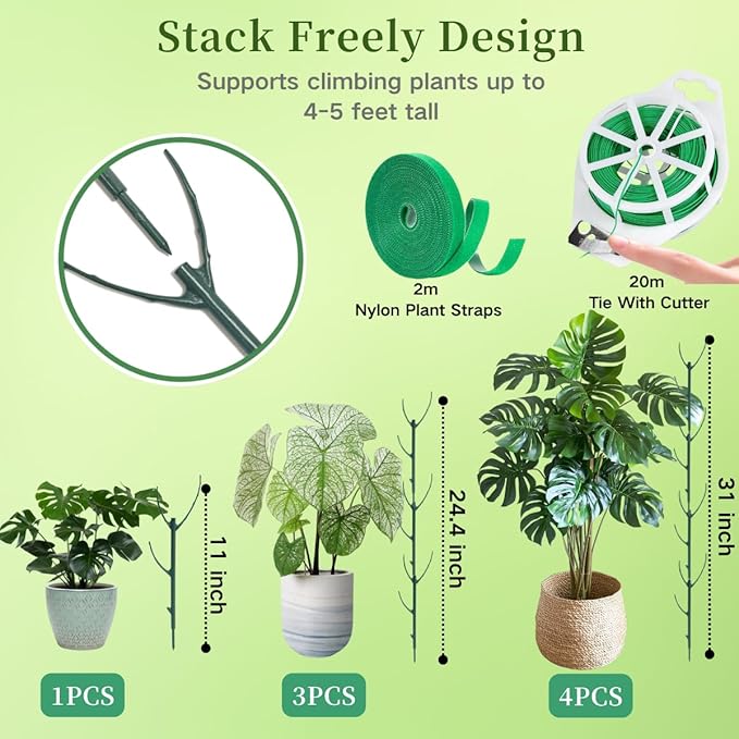 4 Pack Stackable Monstera Plant Support Stakes, 29inch Climbing Plant Sticks Structures with Garden Ties, Durable Alternative to Moss Pole for Indoor Outdoor Plants