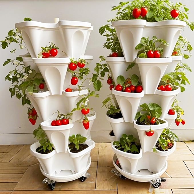 7 Tiered Strawberry Planters 3 Pack, Vertical Stackable Planter, Herb Stacking Tower Garden, Flower and Vegetable Planters with Support Pole Indoor & Outdoor with Removable Wheels - White