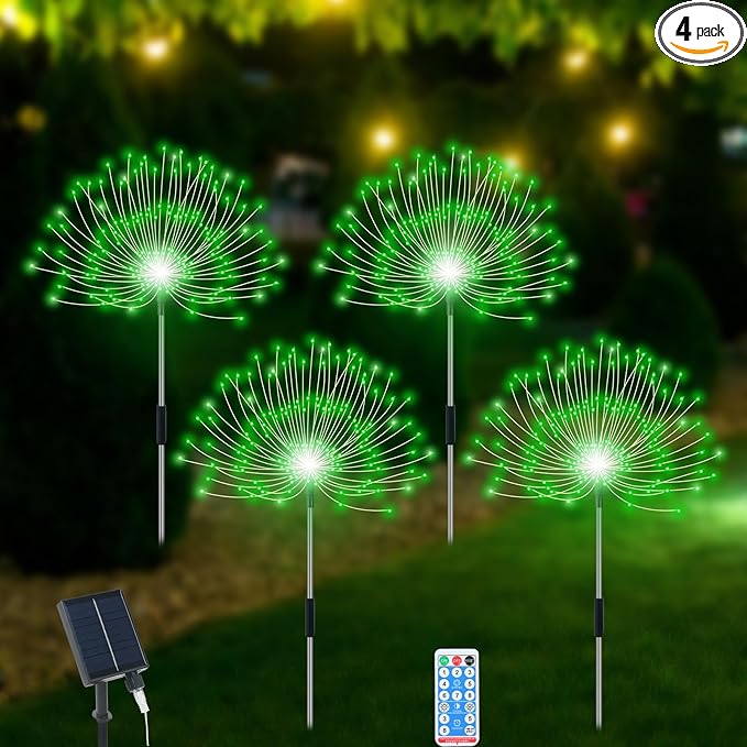 Solar Garden Lights Outdoor Waterproof, 4 Pack Total 480 LED Solar Firework Lights Decorative with 8 Lighting Modes Outside for Yard Pathway Flowerbed Decor, Green