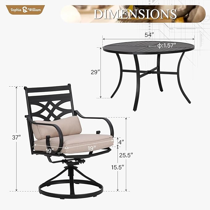 Sophia and William Swivel Patio Dining Set for 6, Outdoor Table and Chairs, Removable Seat Cushions, Black 54" Round Patio Dining Table
