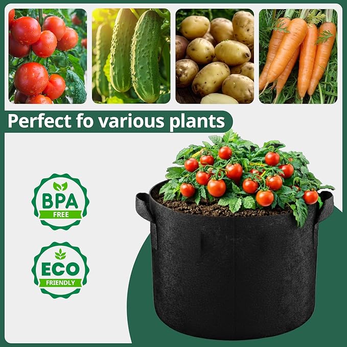 5 Pack 3 Gallon Fabric Grow Bags, Heavy Duty 300G Thickened Aeration Nonwoven Fabric Garden Pots with Handles, Planting Bag for Tomato, Potato, Strawberry, Vegetable, Fruits and Flowers
