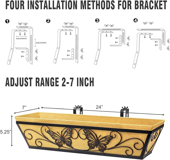 4 Pack 24 Inch Window Boxes Planter Railing Planters Box with Adjustable Brackets for Porch Deck Balcony Hanging Butterfly Decorative Flower Baskets & Non-Woven Fabric Liner for Outdoor Plants - Black