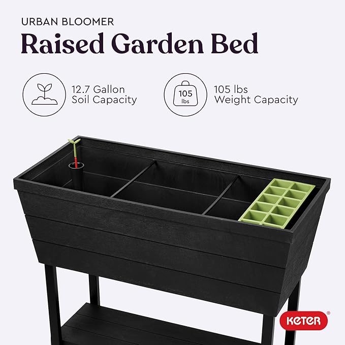 Keter Urban Bloomer 12.7‑Gallon Raised Garden Bed – Elevated Outdoor Planter Box with Self‑Watering Reservoir, Water Gauge & Drainage System, Perfect for Herbs & Vegetables, Dark Grey