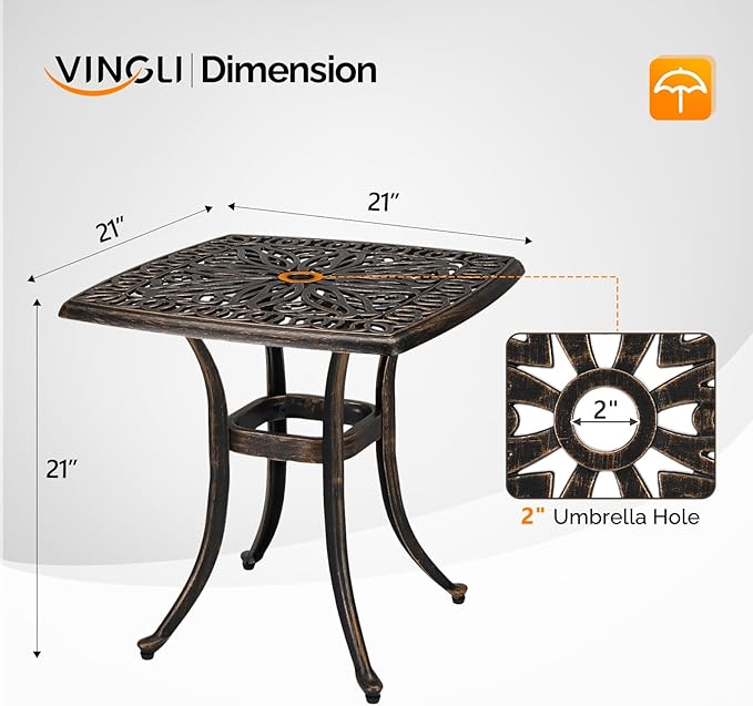 VINGLI 21” Outdoor Side Table, Cast Aluminum All-Weather Patio Side Table Small Outdoor Table Bistro Table for Outside, Porch, Balcony, Patio, Bronze