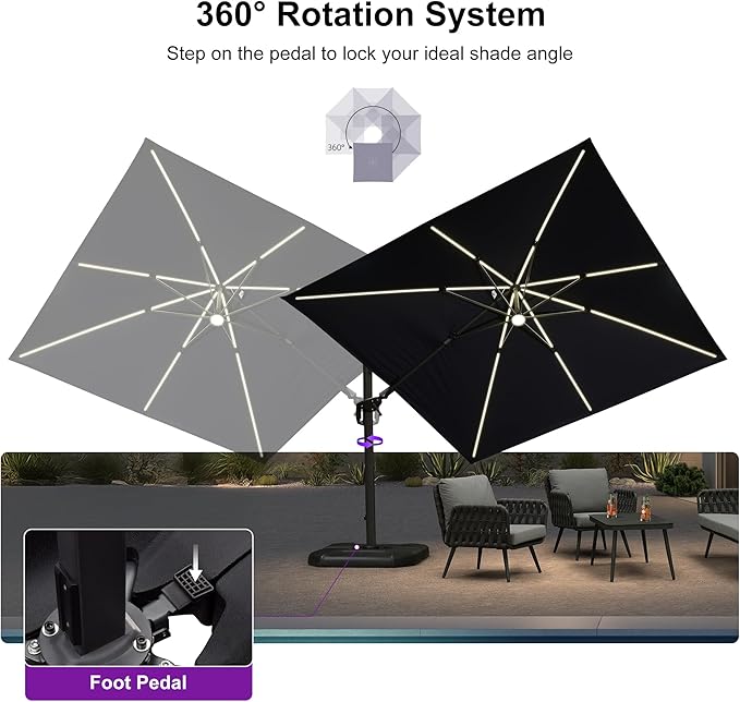 PURPLE LEAF 10 Feet Patio Umbrella Outdoor Cantilever Solar Powered LED Swivel Square Umbrella Aluminum Offset Umbrella with 360-degree Rotation for Garden Deck Pool Patio, Navy Blue