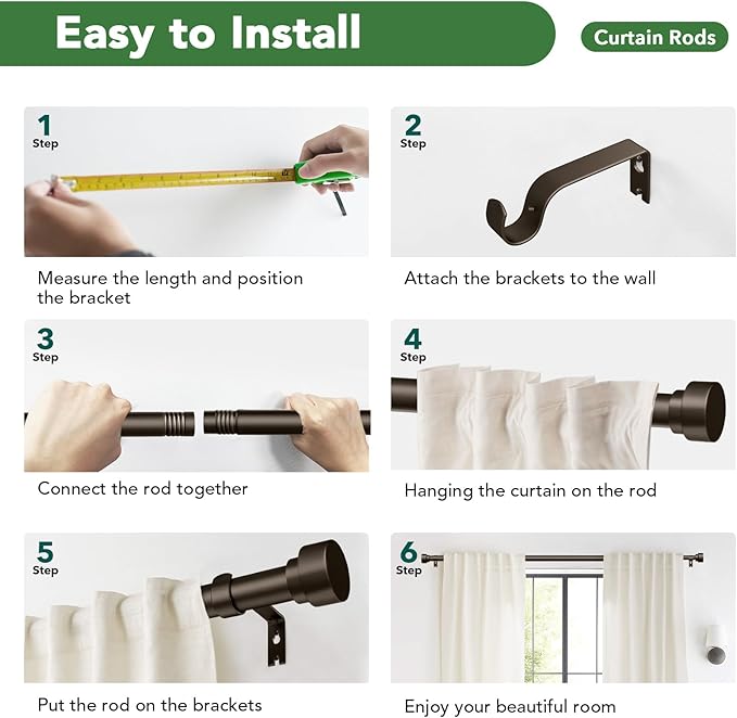 Curtain Rods for Windows 66 to 120, 1 Inch Adjustable Heavy Duty Long Window Outdoor Curtain Rod for Patio, Drapery Rods with Simple End Caps, Size 32"-120", Antique Bronze