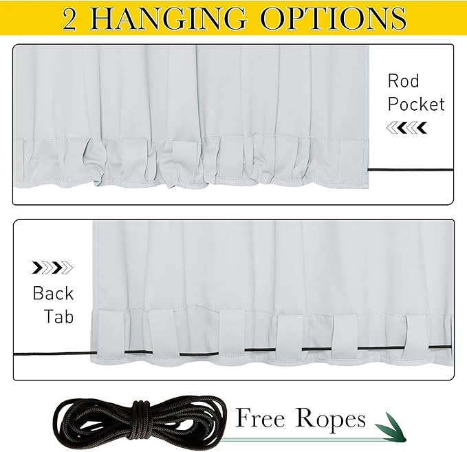NICETOWN 2 Panels Outdoor Curtains for Patio Waterproof & Windproof, Grommet & Back Tab on Top & Bottom Weighted Drapes Keep Sun/Rain Out with Bouns Rope for Deck, Greyish White, W84 x L84
