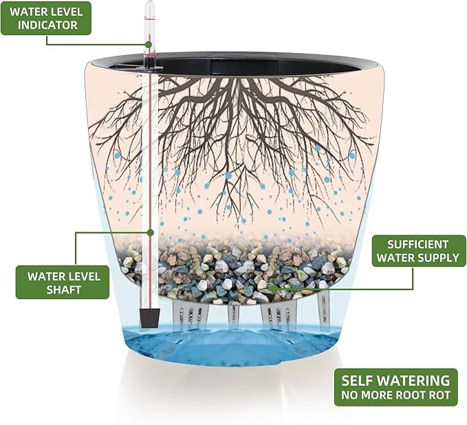 Dexceder 15x14 Self Watering Planter with Wheels Indoor Outdoor, Inner Pot Design, Thickened Large Floor Standing Flower Plant Pot with Water Level Indicator (Grayish Green Gradient)