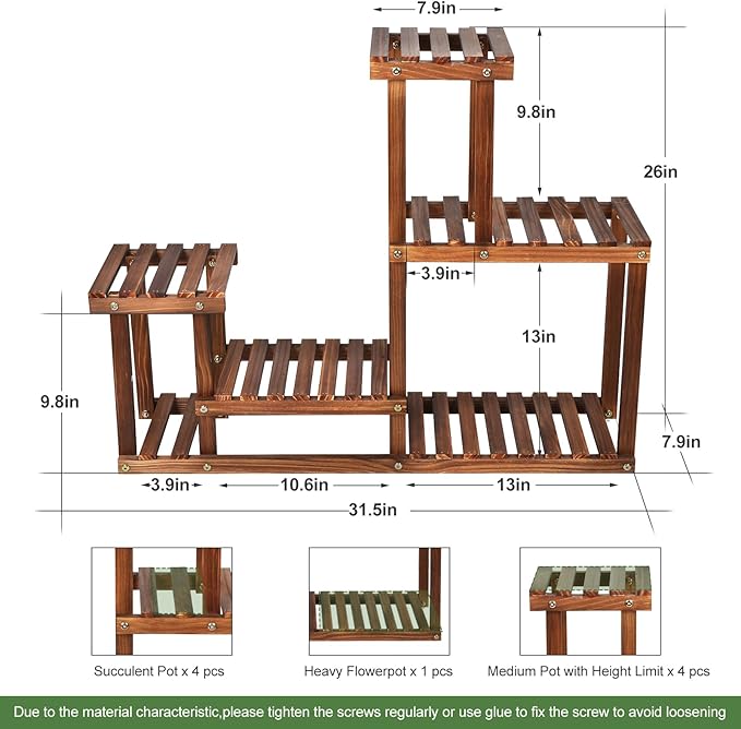 Pine Wood Plant Stand Indoor Outdoor Multi Layer Flower Shelf Rack Higher and Lower Plant Holder in Garden Balcony Patio Living Room (4 Tiers )