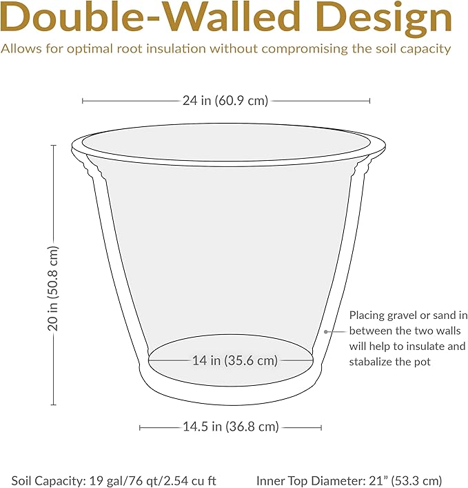 Sunnydaze 24-Inch Anjelica Large Plastic Pot for Plants - Outdoor Double-Walled Large Plastic Planter with Drillable Drainage Holes - Sable