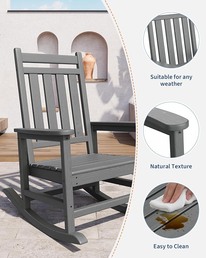 GarveeLife Poly Lumber Rocking Chair Outdoor Set of 2 with Side Table - HDPE High Back Porch Rocker Chairs for Adults - All Weather Resistant Furniture for Patio - Gray