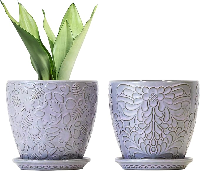6 Inch Retro Ceramic Planter Set of 2 with Drainage Hole and Saucer for Plants, Indoor-Outdoor Garden Pots for Succulents, Orchids, and Flowers (Fits Inner Pots Up to 5 Inches, Light Blue)