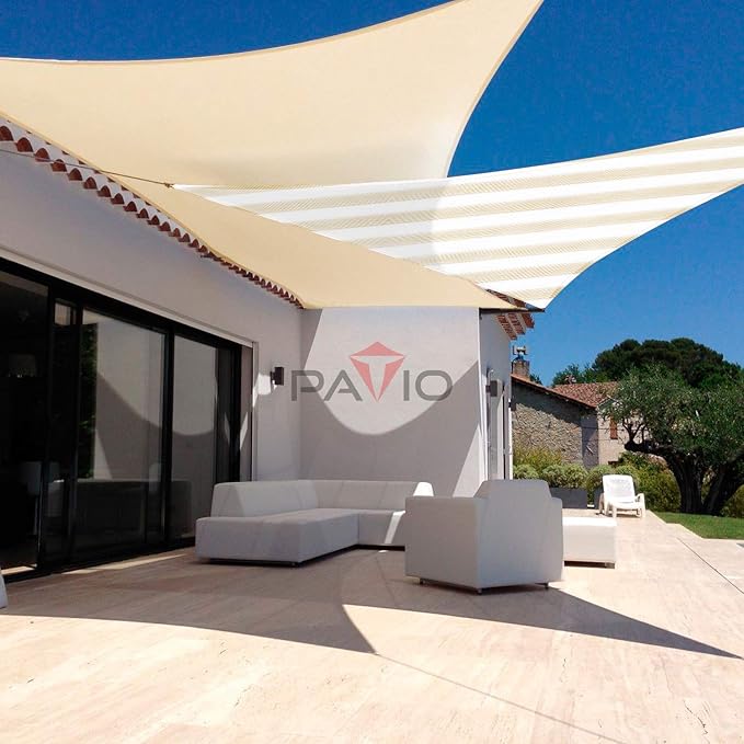 Patio Paradise 5' x 5' x 5' Sun Shade Sail Triangle Canopy Shade Cloth Fabric Sunlight Block Patio Pergola Cover HDPE Deck Awning for Outdoor Backyard Roof Shading, Beige White Strip