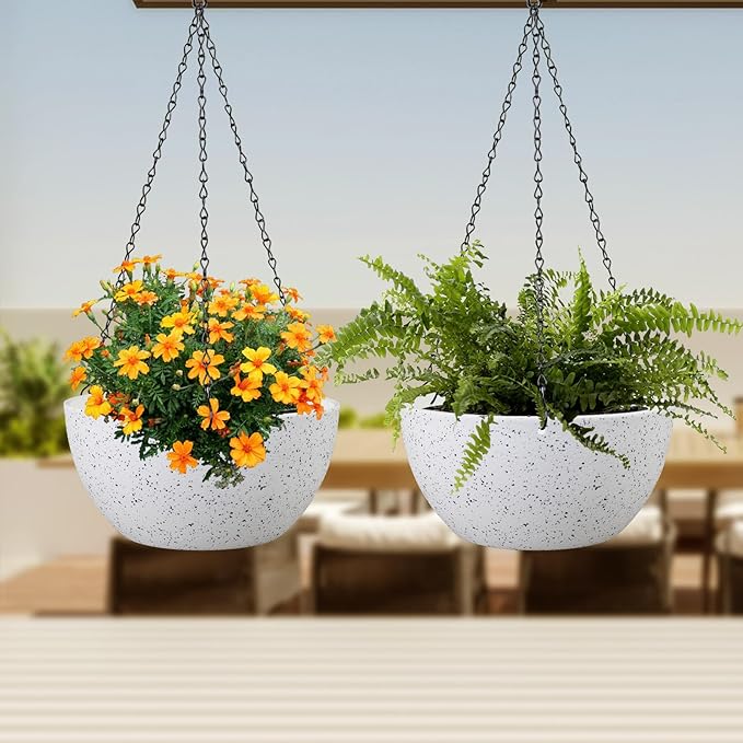 8 inch Hanging Planters for Small Indoor Outdoor Plants, 2 Pack Hanging Flower Pots with Drainage Holes and Chain for Garden Porch, Plastic Hanging Baskets for House Plants, Speckled White