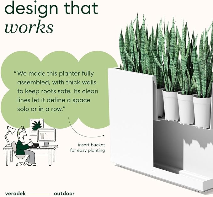 Veradek Block Series Span Plastic Planter - Tall Rectangular Planter for Indoor or Outdoor Patio/Porch, White, 24.25 in Height, 12 in Width, 30 in Length