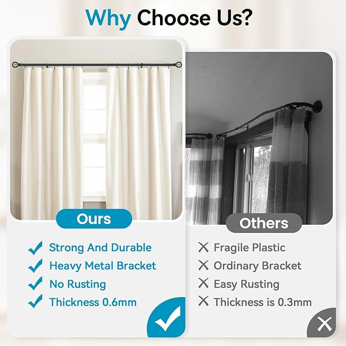 Black Curtain Rods for Windows, 5/8 Inch Heavy Duty 66 to 120” Small Curtain Rod Set with Brackets - Adjustable Drapery Rods for Livingroom, Outdoor Patio, Sliding Door