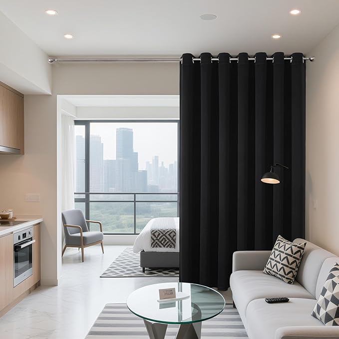 Joydeco Blackout Patio Sliding Door Curtains 90 Inches Long, Grommet Privacy Room Divider Curtains, Extra Wide Thermal Blackout Drapes for Bedroom Living Room (Black, 60Wx90L, 1 Panel)