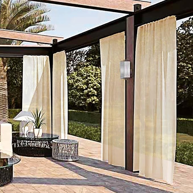 SpaceDresser Waterproof Outdoor Sheer Curtains for Patio - 2 Panels Rod Pocket Indoor Voile Sheer Curtain for Living Room,52W x 108L inch, Beige