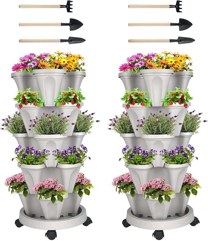 GameXcel Vertical Planter 7 Tier Stackable Planters Garden Planters Strawberry Herb Flower and Vegetable Planter Indoor Outdoor Gardening Pots with Removable Wheels and Tools 2-Pack