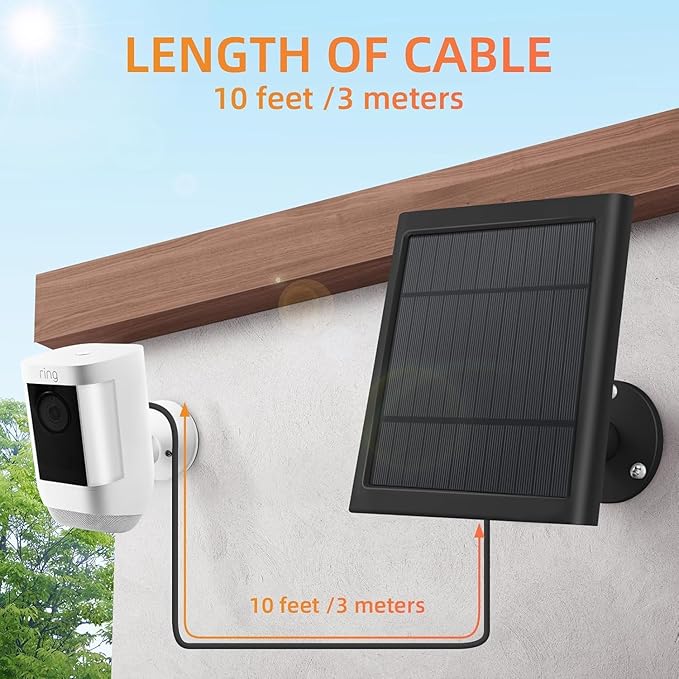 USB-C to Ring Barrel Plug 7Pack 4W Solar Charger for Ringing Spotlight & Stick Up Outdoor Cam, Black, High Efficiency, 10FT/3M Long Cable with IP65 dustproof and Waterproof