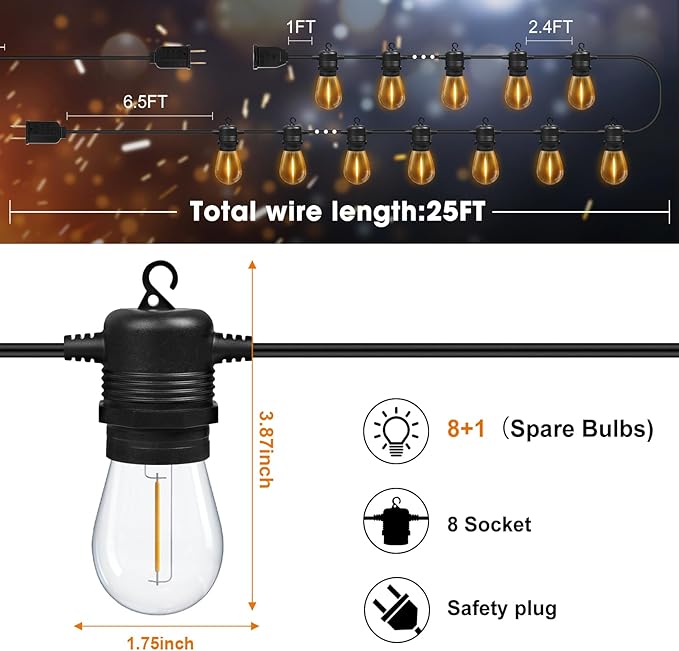 LED Outdoor String Lights 25FT with 9 Shatterproof S14 Bulbs, Waterproof for Porch, Deck, Garden, Balcony, Dimmable 2700K