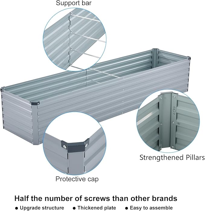 2 Pack 8x2x1FT Galvanized Raised Garden Bed Kit, Outdoor Metal Planter Box for Vegetables, Bottomless Rectangular Gardening Bed with Support Rods, Tool-Free Assembly, Gray