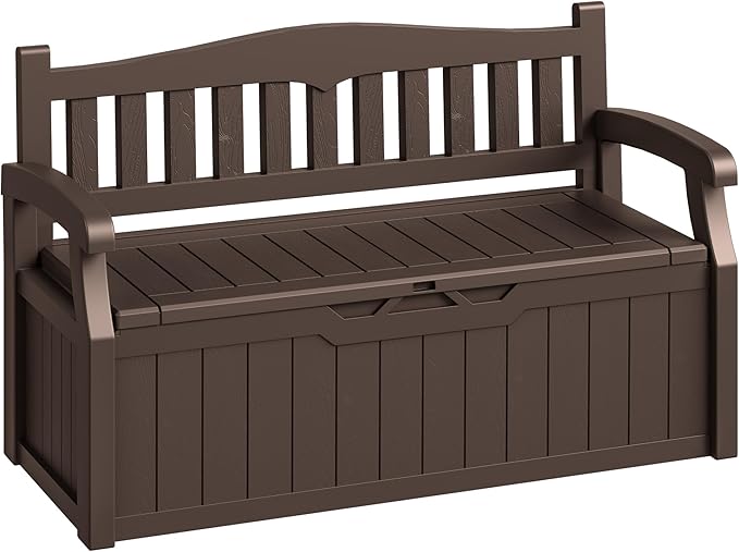 80-Gallon Outdoor Storage Bench, Waterproof Deck Box with Lockable Lid & Armrests for Patio, Garden, Pool, Brown