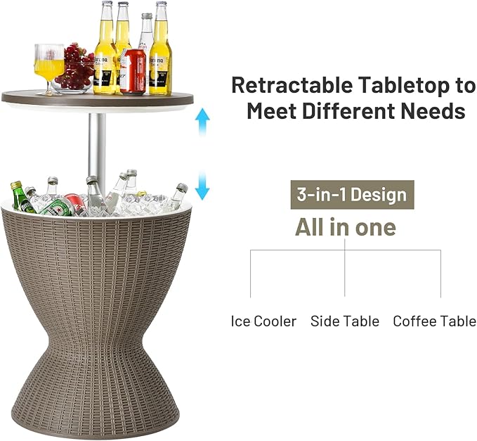 Tangkula Outdoor Cool Bar Table, Rattan Style Patio 8 Gallon Beer and Wine Cooler, All-Weather Ice Bucket w/Height Adjustable Top, Drainage Plug, 3-in-1 Cocktail Coffee Table for Party, Pool (Coffee)