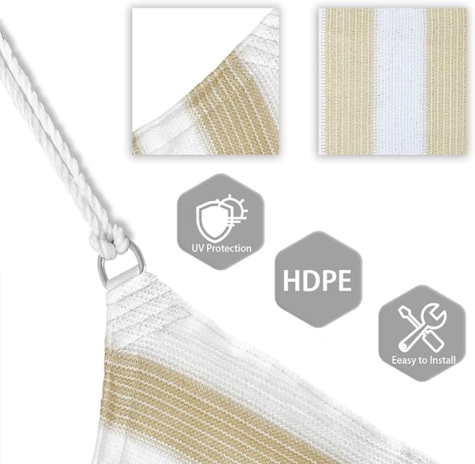 Patio Paradise 8' x 8' x 8' Sun Shade Sail Triangle Canopy Shade Cloth Fabric Sunlight Block Patio Pergola Cover HDPE Deck Awning for Outdoor Backyard Roof Shading, Beige White Strip