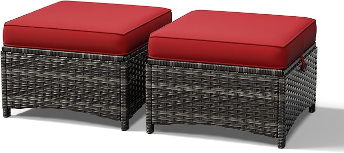 Joyside Outdoor Ottoman Set of 2, Patio Large Ottoman Foot Rest with Thickened Cushions, Outdoor Wicker Foot Stool for Porch, Deck Use