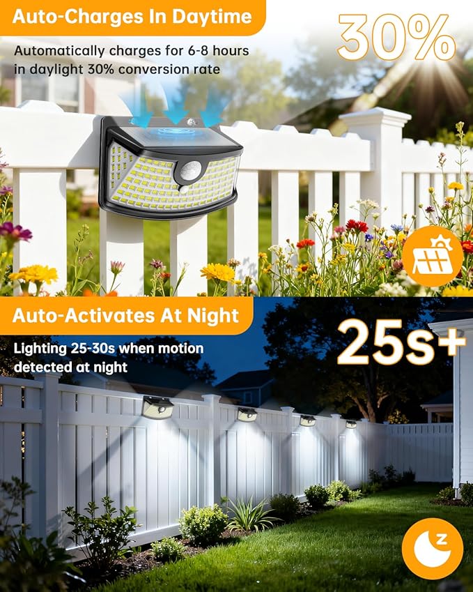 Aootek New Solar Motion Sensor Lights 120 LEDs with Lights Reflector,270° Wide Angle, IP65 Waterproof, Step Lights for Front Door, Yard, Garage, Deck (Black, Daylight White, 2-Pack)