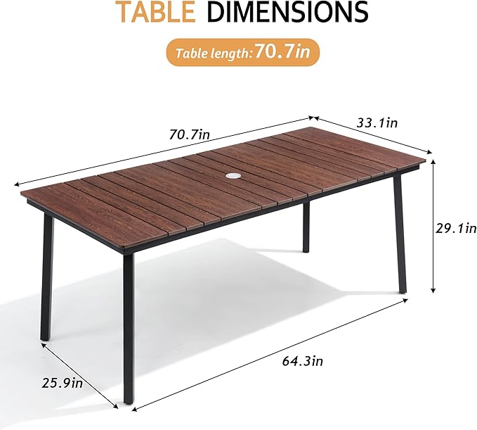 70 Inch Patio Outdoor Dining Table for 6 with Wood-Like Top & Umbrella Hole, All-Weather Deck & Backyard Table