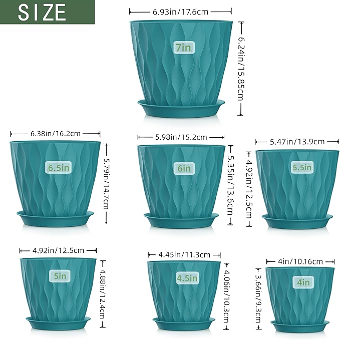 4/4.5/5/5.5/6/6.5/7 Inch Plant Pots,7 Pack Flower Pots with Drainage Holes and Trays,Plastic Planters for Indoor Outdoor Plants Growth,Green